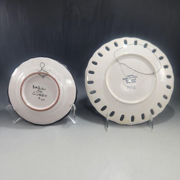 Set 2 Hanging Plates Portugal Pierced Border  Biagioli Gubbio Gallery Wall Decor - Picture 2 of 10